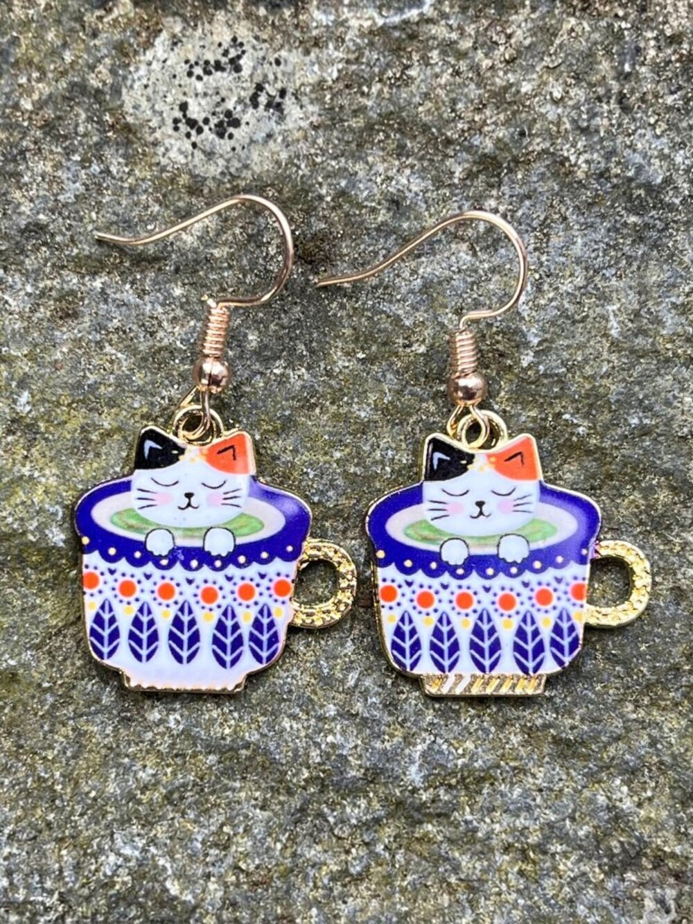 Coffee Cup Kitten Enamel Drop Earrings Colorful | Handmade - Picture 3 of 5